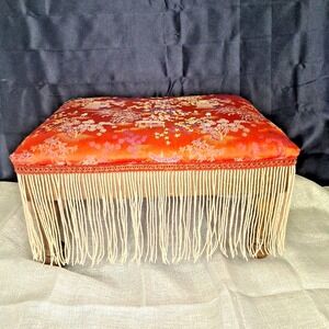 VTG Japanese Baroque Red Long Fringe Upholstered Wood Footstool 14.5x10.5x8.5"